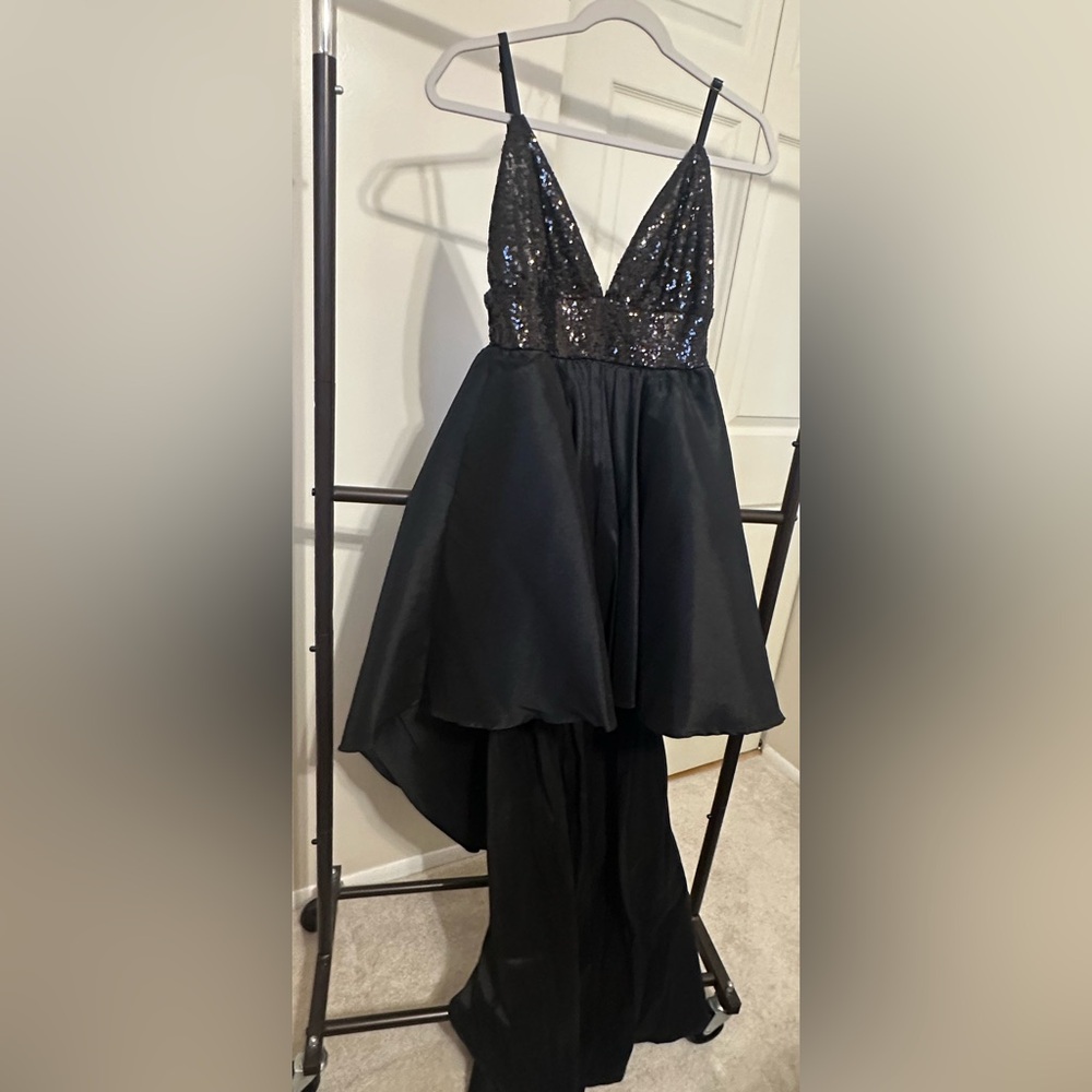 Black High-Low Sequin Bodice Dress